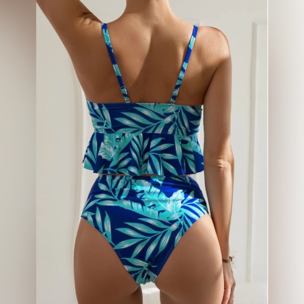 Tropical Print Ruffle Hem Push Up Bikini Swimsuit - Picture 2 of 7